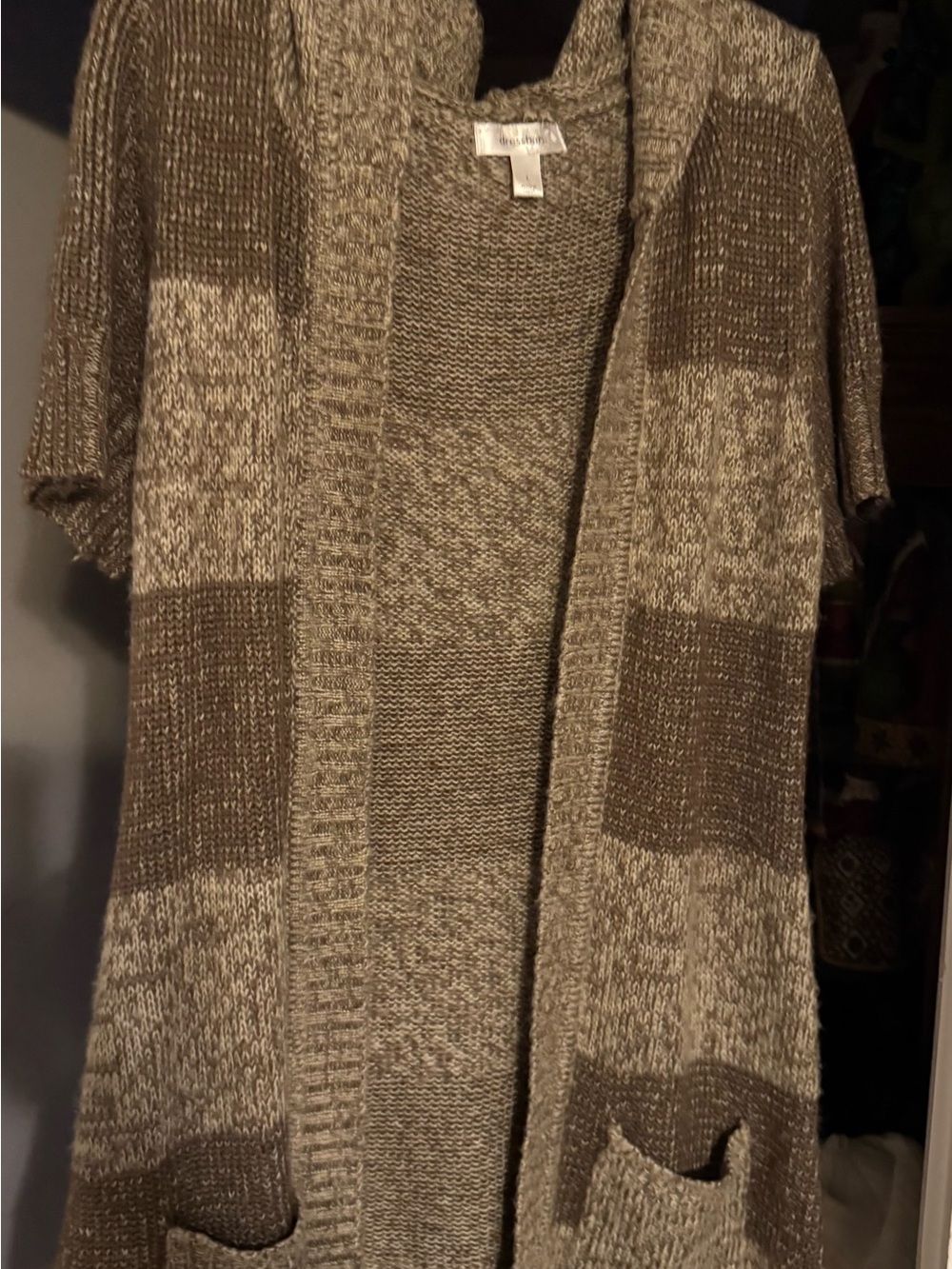 Dress Barn Taupe and Cream Open-Front Patchwork Cardigan w/ Hoodie Sz Large